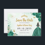 Floral Emerald Green Princess Birthday Quinceanera Save The Date<br><div class="desc">Floral Emerald Green Princess Gown Dress Glitter Sparkle Tiara Crown Butterfly 15th Birthday Quinceanera Save the Date</div>