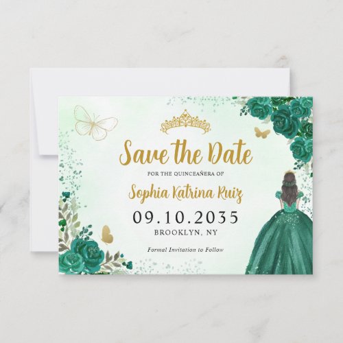 Floral Emerald Green Princess Birthday Quinceanera Save The Date