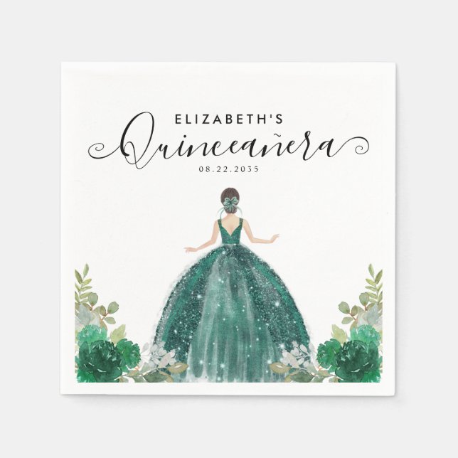 Floral Emerald Green Princess Dress Quinceanera Napkins (Front)