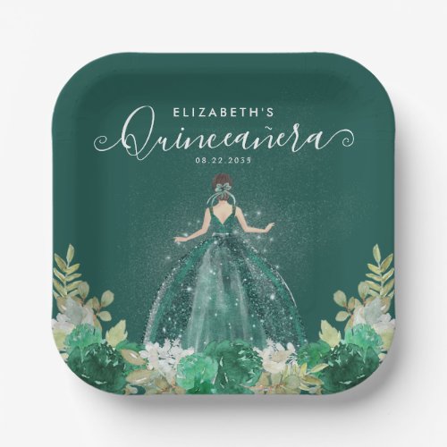 Floral Emerald Green Princess Dress Quinceanera Paper Plates
