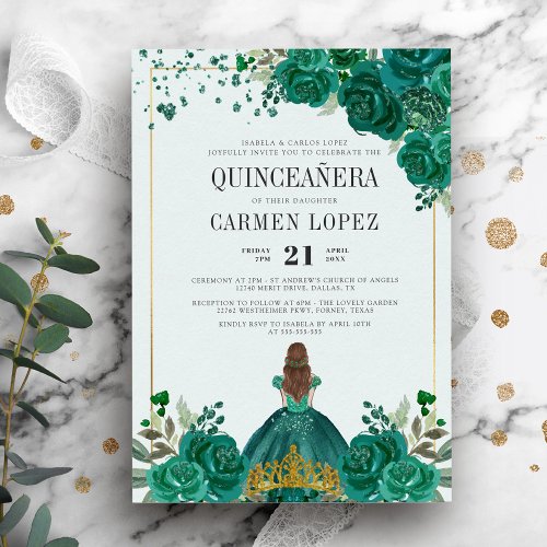 Floral Emerald Green Princess Quinceanera Invitation
