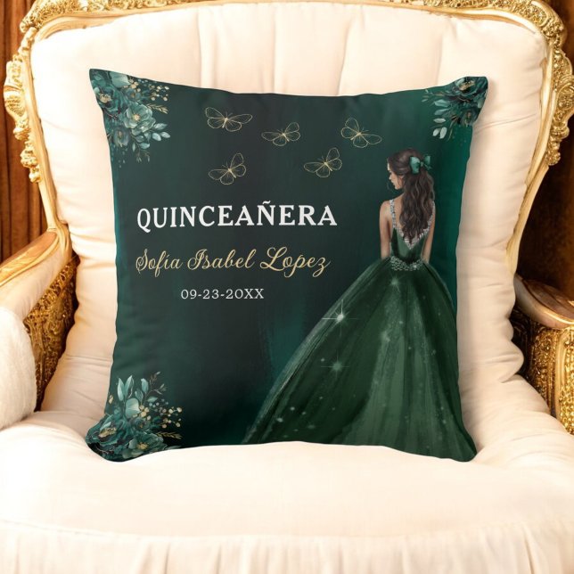 Floral Emerald Green Princess Quinceanera Throw Pillow (Creator Uploaded)