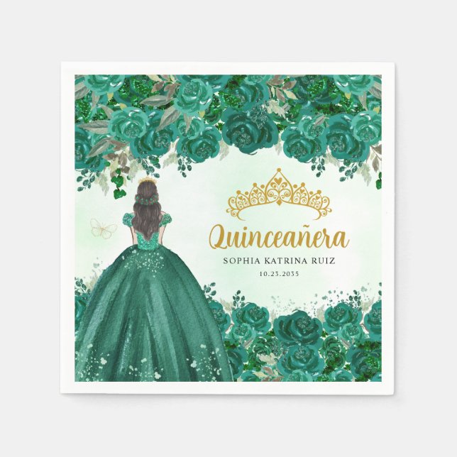 Floral Emerald Green Princess Tiara Quinceanera Napkins (Front)