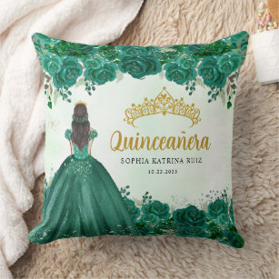 Floral Emerald Green Princess Tiara Quinceanera  Throw Pillow