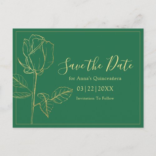 Floral Emerald Green Quinceanera Save The Date Postcard