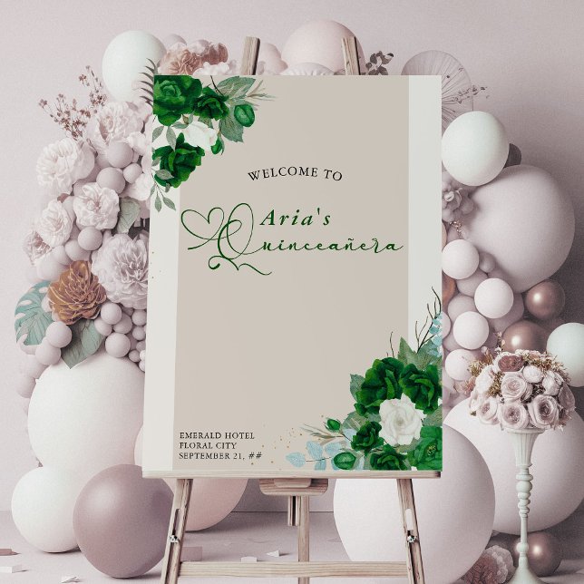 Floral Emerald Green Roses Quinceanera Welcome Foam Board (Quinceanera Welcome Sign from the Royal Rose Emerald Green Quinceanera Collection by Darling & May)