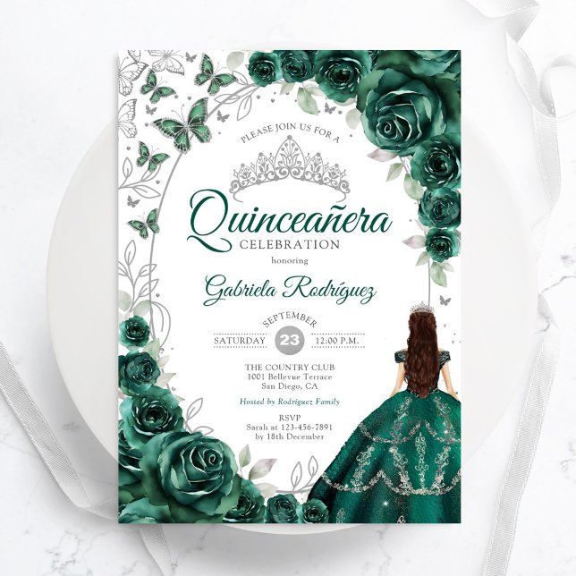 Floral Emerald Green Silver Quinceanera Invitation (Creator Uploaded)