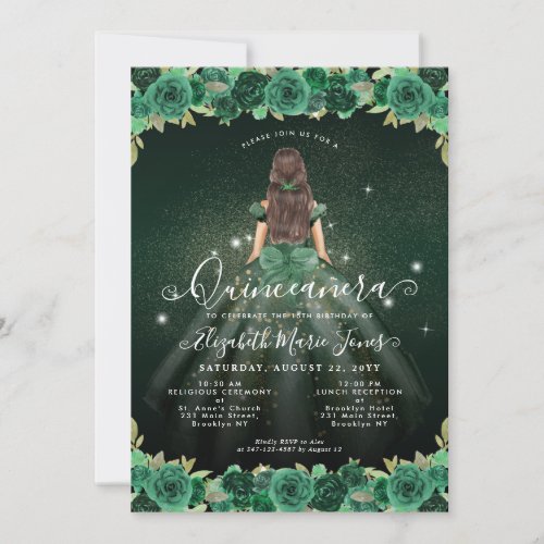 Floral Emerald Green Sparkle Birthday Quinceanera Invitation