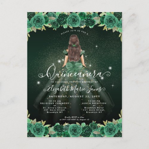 Floral Emerald Green Sparkle Birthday Quinceanera Postcard