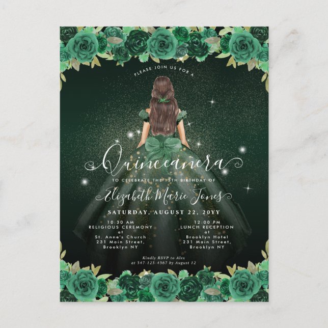 Floral Emerald Green Sparkle Birthday Quinceanera Postcard (Front)