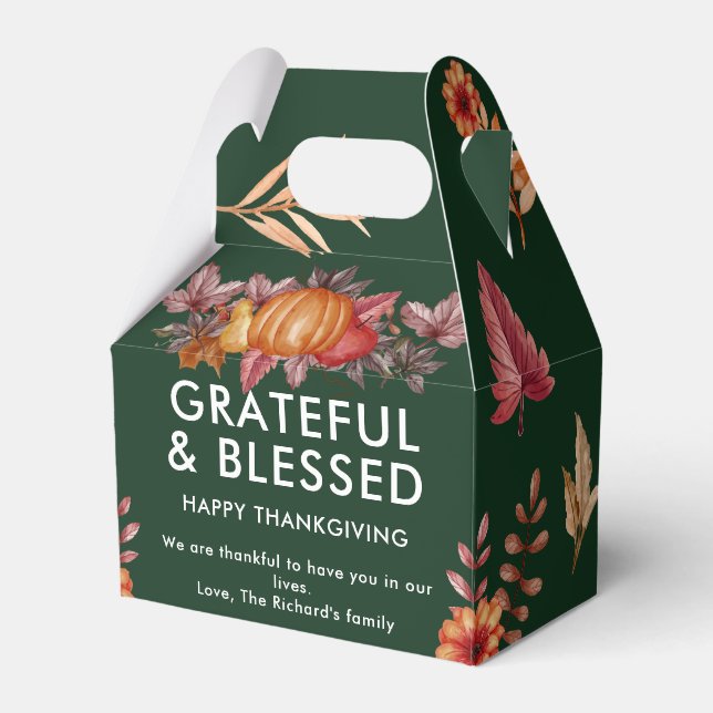Floral Emerald Green Thanksgiving Dinner Favor Boxes (Front Side)