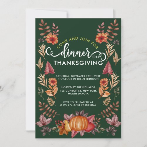 Floral Emerald Green Thanksgiving Dinner Invitation