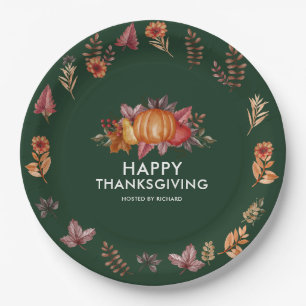 Floral Emerald Green Thanksgiving Dinner Paper Plates