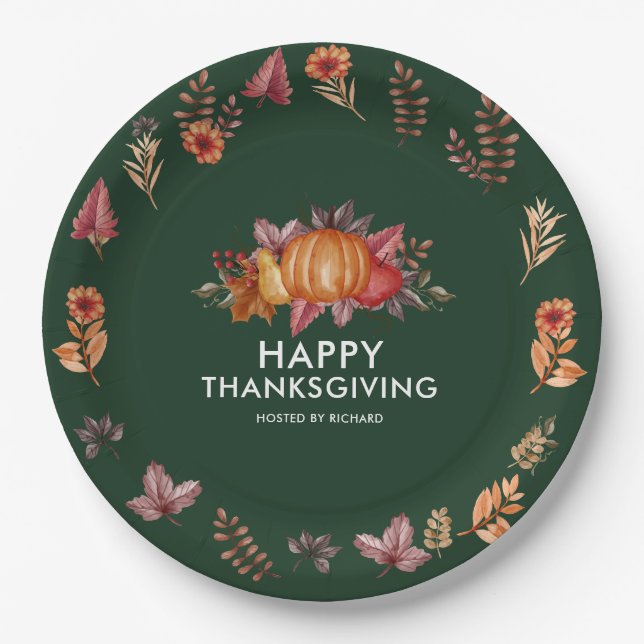 Floral Emerald Green Thanksgiving Dinner Paper Plates (Front)