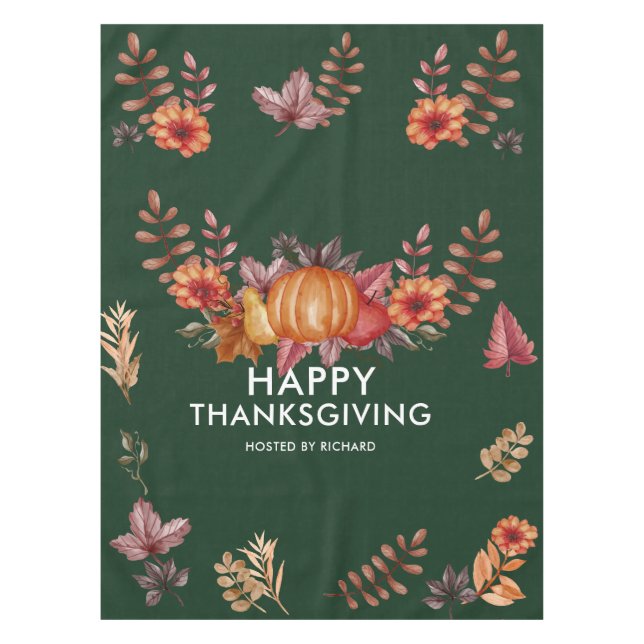 Floral Emerald Green Thanksgiving Dinner Tablecloth (Front)