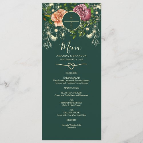 Floral Emerald Green Wedding Menu