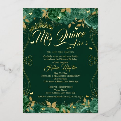 Floral Emerald Scroll Mis Quince Quinceanera  Foil Invitation