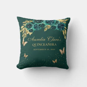 Floral Emerald Tiara Butterfly Quinceanera Throw Pillow
