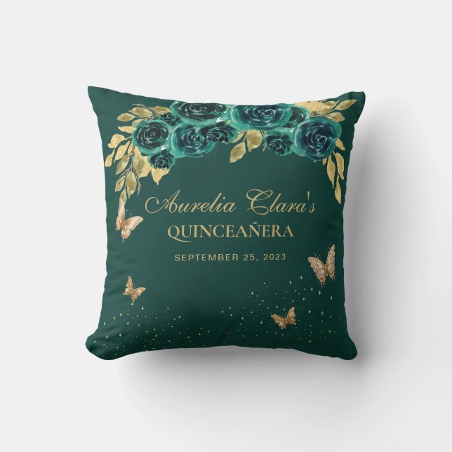 Floral Emerald Tiara Butterfly Quinceanera Throw Pillow (Front)