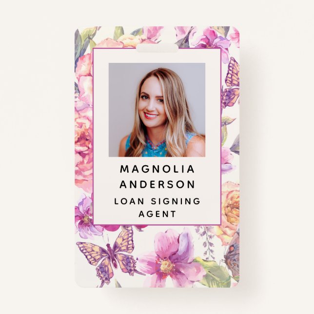 Floral Employee Photo Logo Barcode Name Badge (Front)