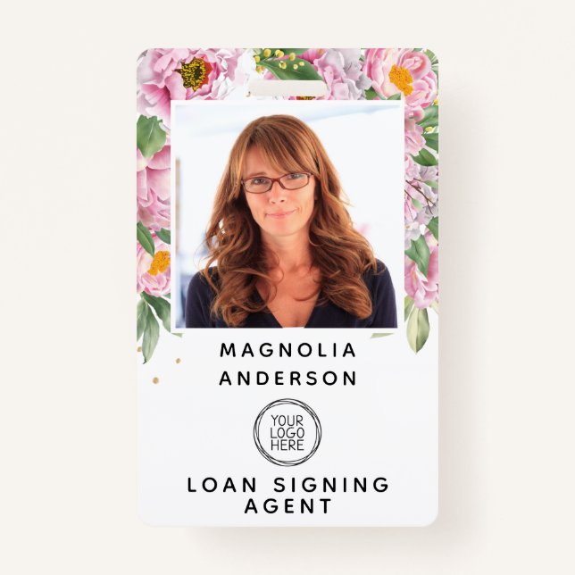 Floral Employee Photo Logo Barcode Name Badge (Front)