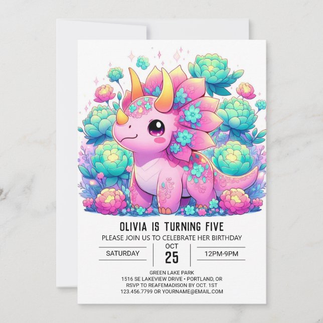 Floral Enchanted Dinosaur Digital Birthday  Invitation (Front)