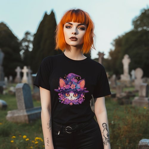 Floral Enchantment Anime Cat Witch Hat Halloween T_Shirt