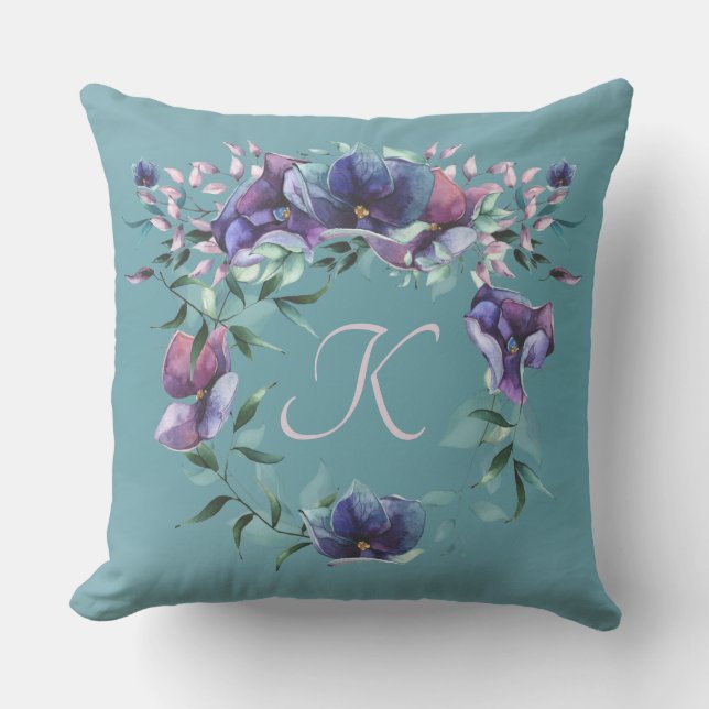 Floral Enchantment Monogram on Teal Ombre Throw Pi Pillow (Front)