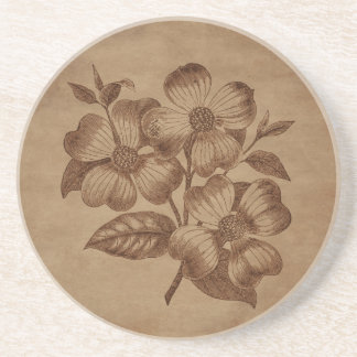Floral Engraving on Aged Paper Coaster