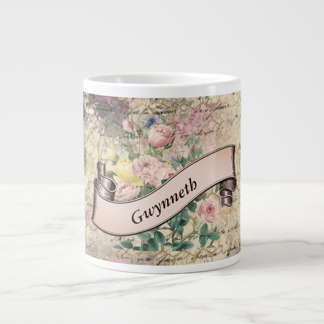 Floral Ephemera with Beehive Pattern and Name  Giant Coffee Mug (Front)