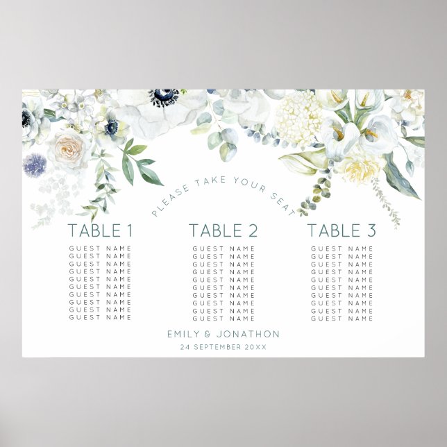 Floral Eucalyptus 30 guests 3 tables seating chart (Front)