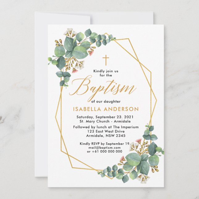Floral eucalyptus baptism invitation (Front)