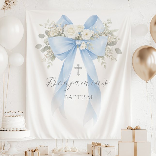  Floral Eucalyptus Blue Bow Baby Boy Baptism Tapestry (Creator Uploaded)