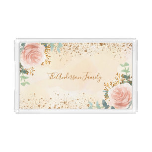 Floral eucalyptus blush pink rose gold glitter acrylic tray