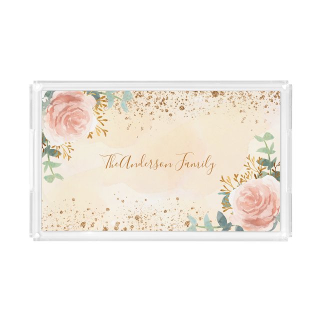 Floral eucalyptus blush pink rose gold glitter acrylic tray (Front)