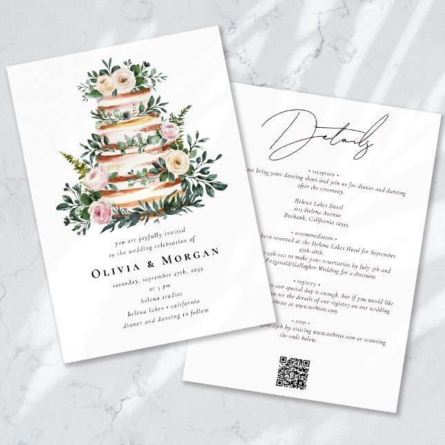 Floral Eucalyptus Cake QR Code Wedding Invitation (Creator Uploaded)