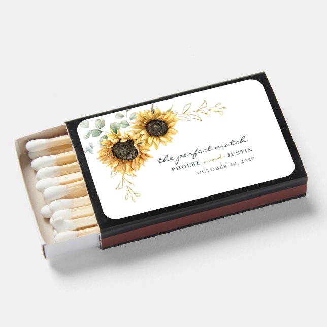 Floral Eucalyptus Foliage and Sunflower Wedding Matchboxes (Front Open)