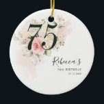 Floral Eucalyptus Foliage Pink 75th Birthday Ceramic Ornament<br><div class="desc">Cute and modern, yet elegant 75th birthday ornament. Featuring a trendy layout and watercolor floral and greenery eucalyptus and pink blush. Perfect for any age birthday party invitation. The template that can be easily edited and the text replaced with your own details by clicking the "Personalize" button. For further customization,...</div>