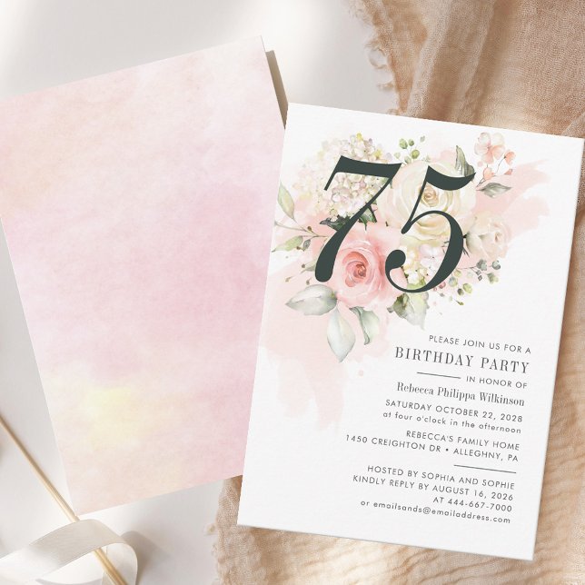 Floral Eucalyptus Foliage Pink 75th Birthday Party (Elegant 75th Birthday Party Pink Rose Floral Invitation)