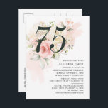 Floral Eucalyptus Foliage Pink 75th Birthday Party Invitation Postcard<br><div class="desc">Cute and modern, yet elegant 75th birthday party invitations. Featuring a trendy layout and watercolor floral and greenery eucalyptus and pink blush. Perfect for any age birthday party invitation. The template that can be easily edited and the text replaced with your own details by clicking the "Personalize" button. For further...</div>