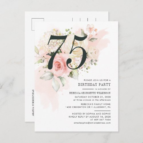 Floral Eucalyptus Foliage Pink 75th Birthday Party Invitation Postcard
