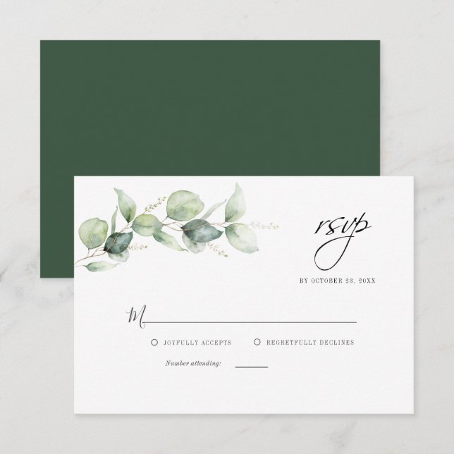 Floral Eucalyptus Foliage Script Wedding RSVP Note Card (Front/Back)