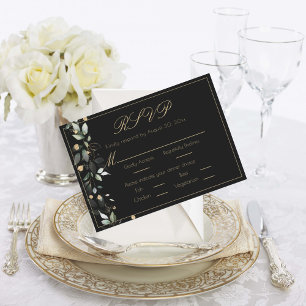 Floral Eucalyptus Greenery Gold Black Wedding RSVP Card