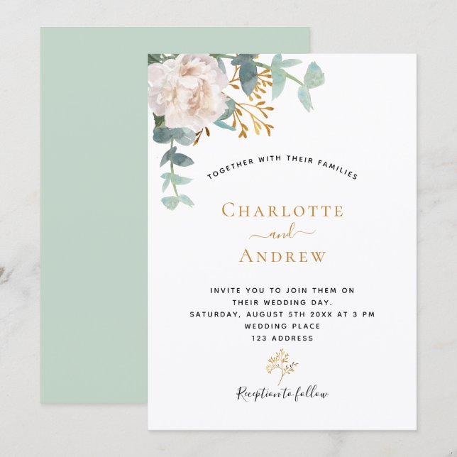 Floral eucalyptus greenery modern elegant wedding invitation (Front/Back)
