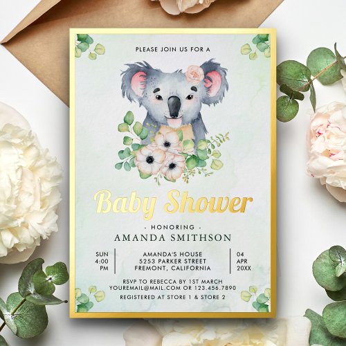 Floral Eucalyptus Koala Girl Baby Shower Gold Foil Invitation