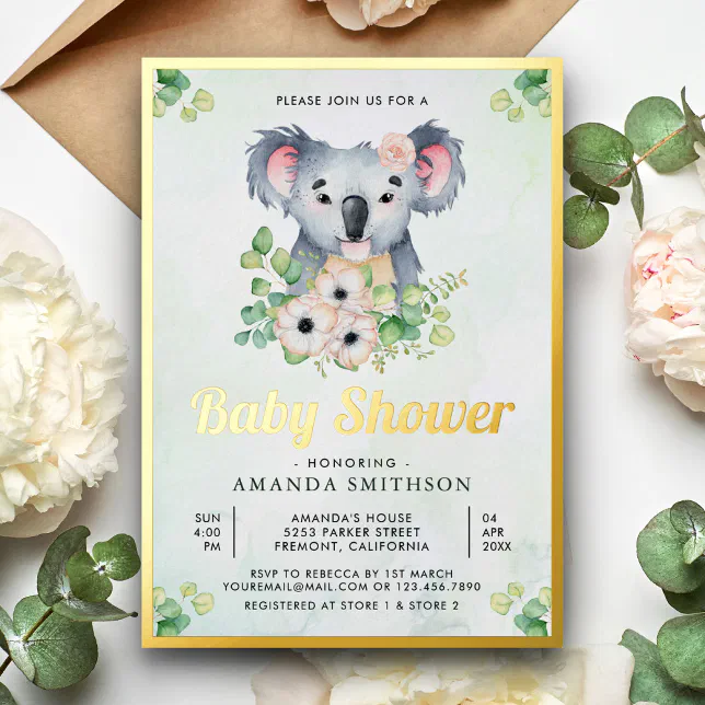 Floral Eucalyptus Koala Girl Baby Shower Gold Foil Invitation | Zazzle