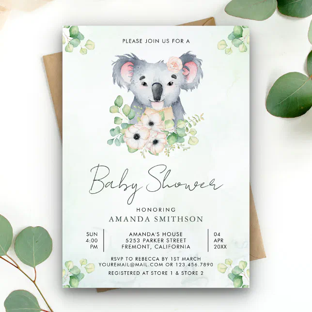 Floral Eucalyptus Koala Girl Baby Shower Invitation | Zazzle
