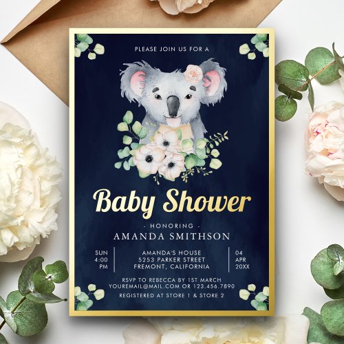 Floral Eucalyptus Koala Girl Navy Baby Shower Gold Foil Invitation