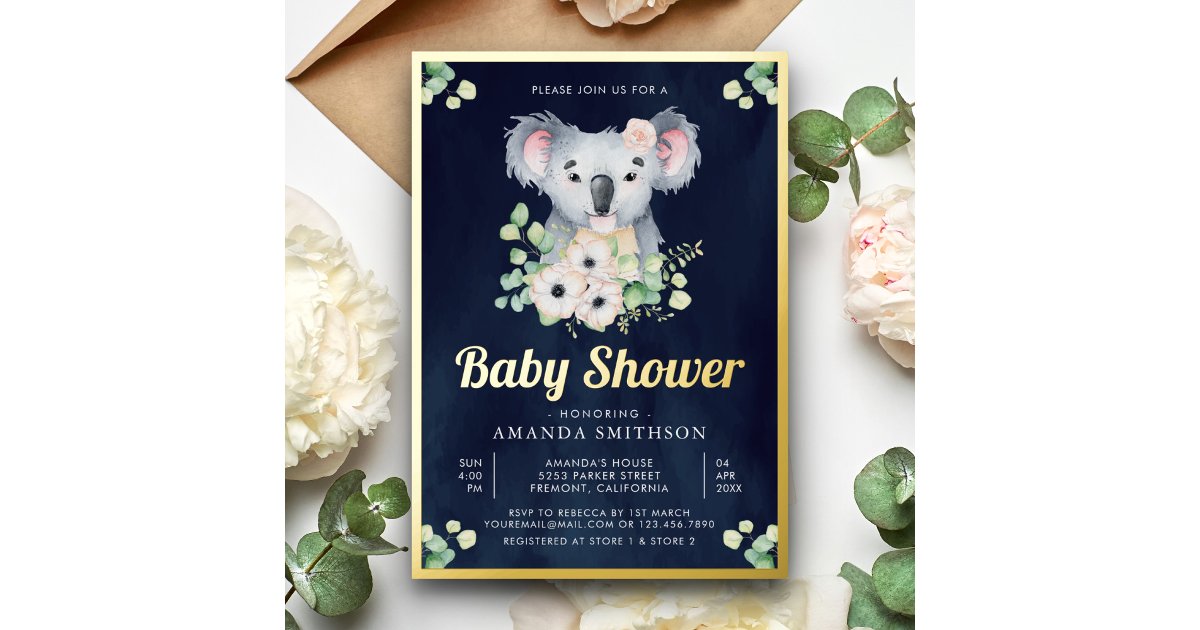 Floral Eucalyptus Koala Girl Navy Baby Shower Gold Foil Invitation | Zazzle