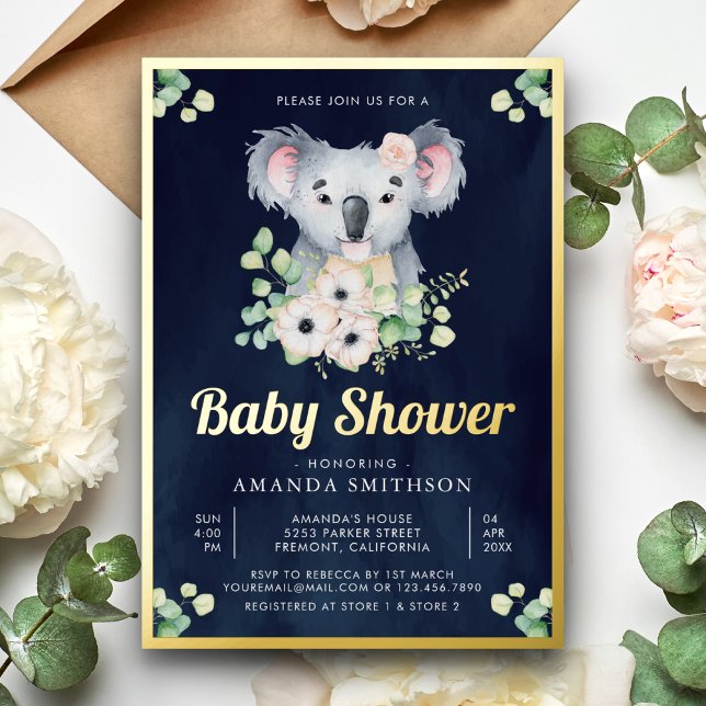 Floral Eucalyptus Koala Girl Navy Baby Shower Gold Foil Invitation (Creator Uploaded)